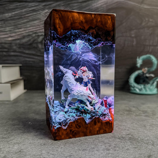 Fantasy Epoxy Diorama Night Light - Handmade Princess and Wolf Spirit Resin Lamp
