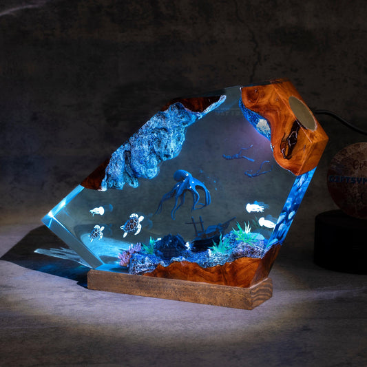 Ocean LED Night Light with Wooden Base - Handmade Deep Sea Octopus Resin Lamp