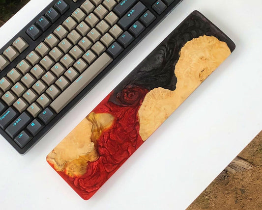 Handcrafted Wooden & Epoxy Resin Wrist Rest – Red Lava & Natural Burl Design