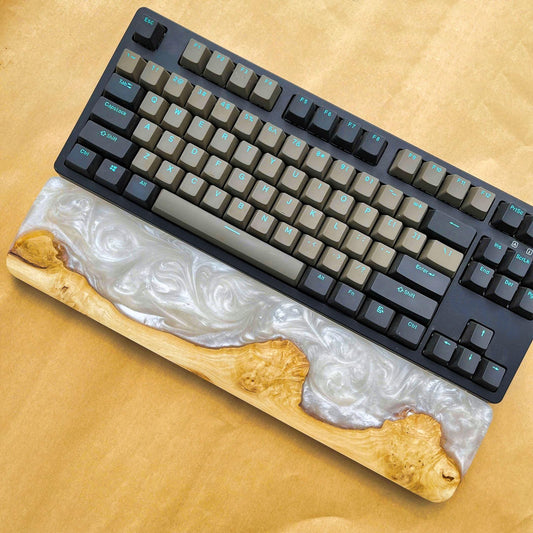 Handcrafted Wooden & Pearl Epoxy Wrist Rest – Natural Burl and White Resin Design