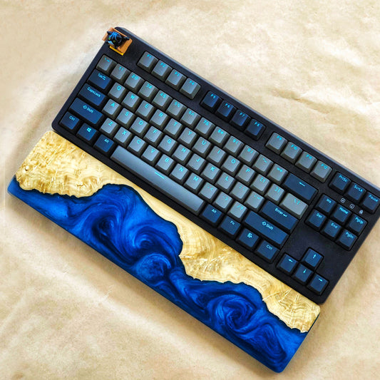 Handcrafted Wooden & Ocean Blue Epoxy Wrist Rest – Natural Burl Wood Design
