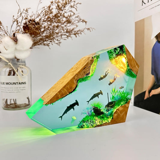 Hammerhead shark and couple divers resin lamp