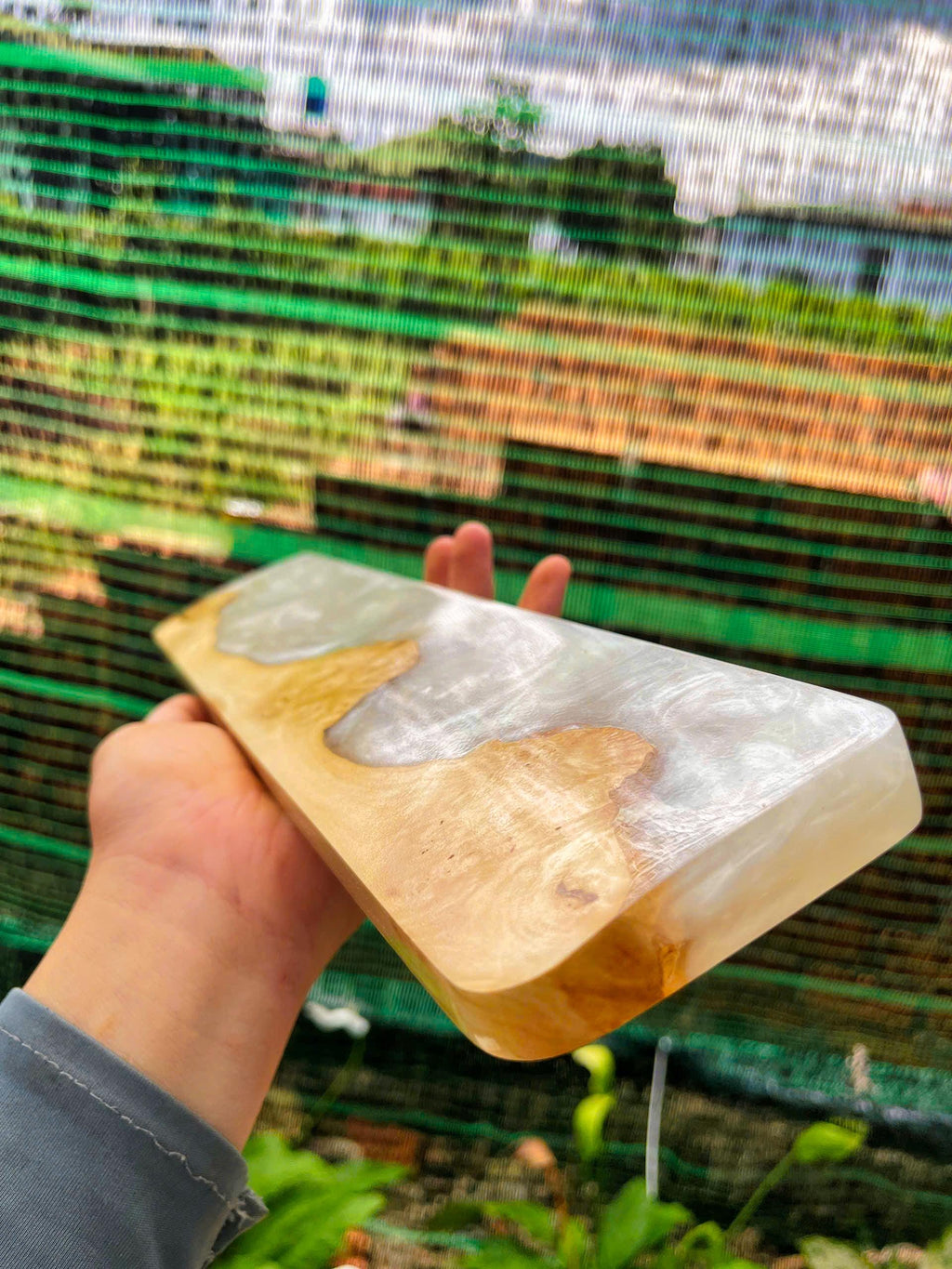 Handcrafted Wooden & Pearl Epoxy Wrist Rest – Natural Burl and White Resin Design