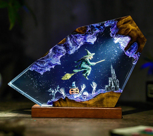 Handmade Halloween Witch Resin Lamp – Spooky Epoxy Night Light with Haunted Castle Design