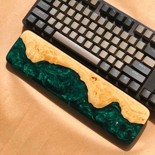 Handcrafted Wooden & Emerald Green Epoxy Wrist Rest – Natural Burl Wood Design