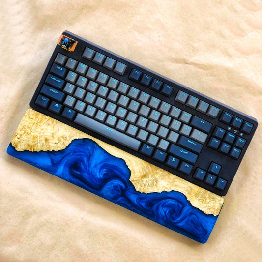 Handcrafted Wooden & Ocean Blue Epoxy Wrist Rest – Natural Burl Wood Design