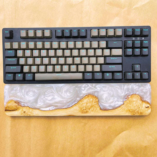 Handcrafted Wooden & Pearl Epoxy Wrist Rest – Natural Burl and White Resin Design
