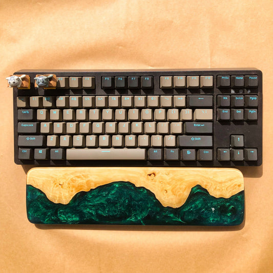 Handcrafted Wooden & Emerald Green Epoxy Wrist Rest – Natural Burl Wood Design