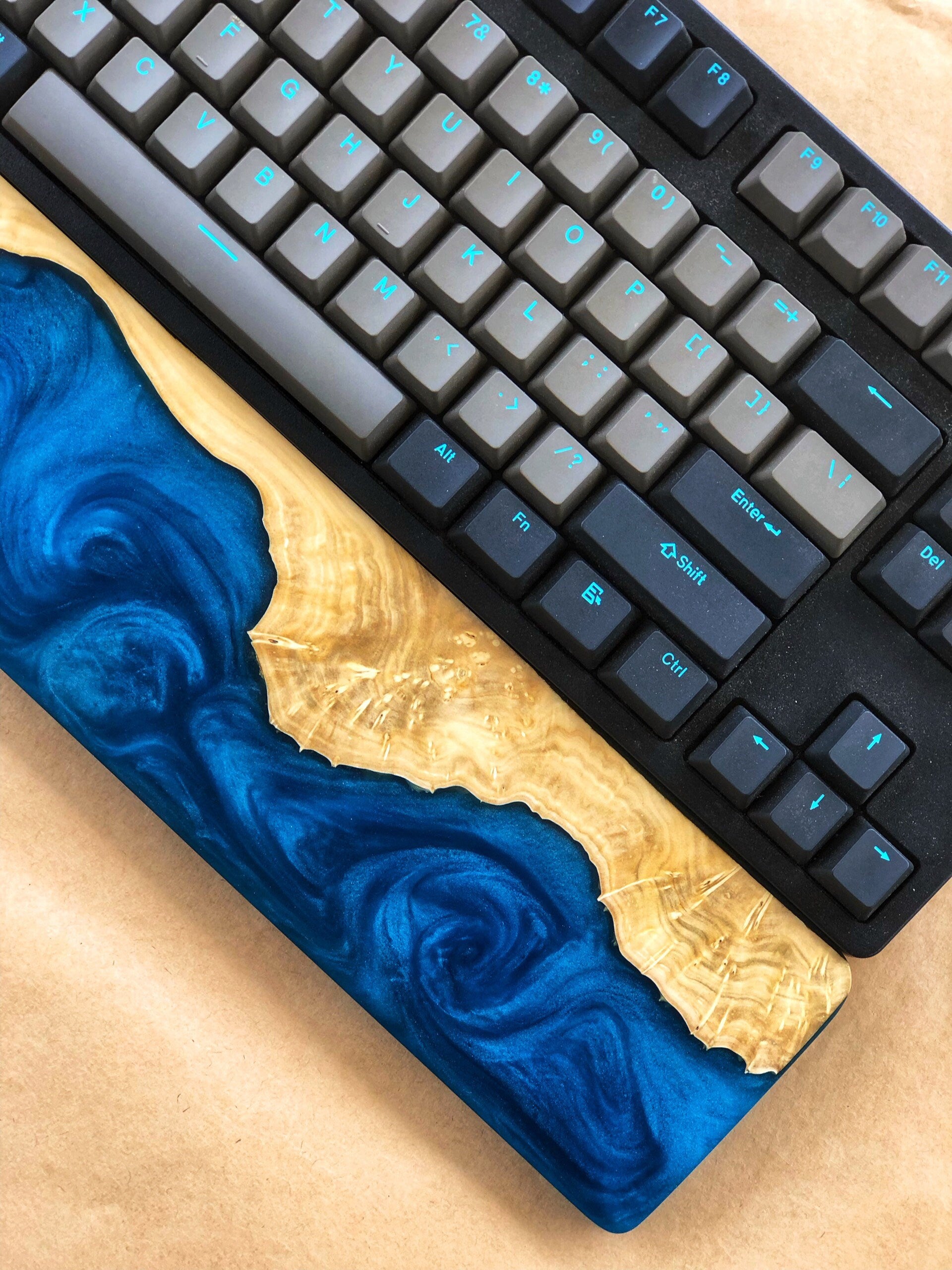 Handcrafted Wooden & Ocean Blue Epoxy Wrist Rest – Natural Burl Wood Design