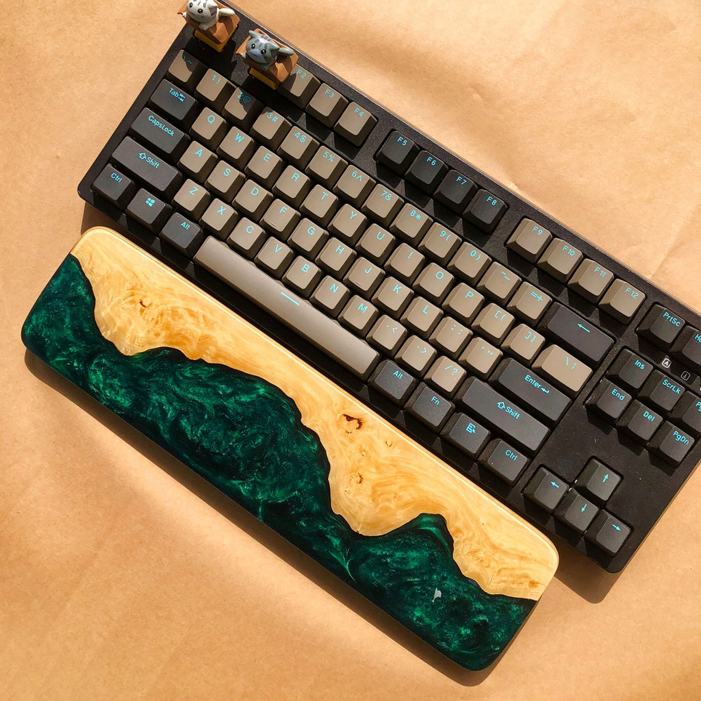 Handcrafted Wooden & Emerald Green Epoxy Wrist Rest – Natural Burl Wood Design