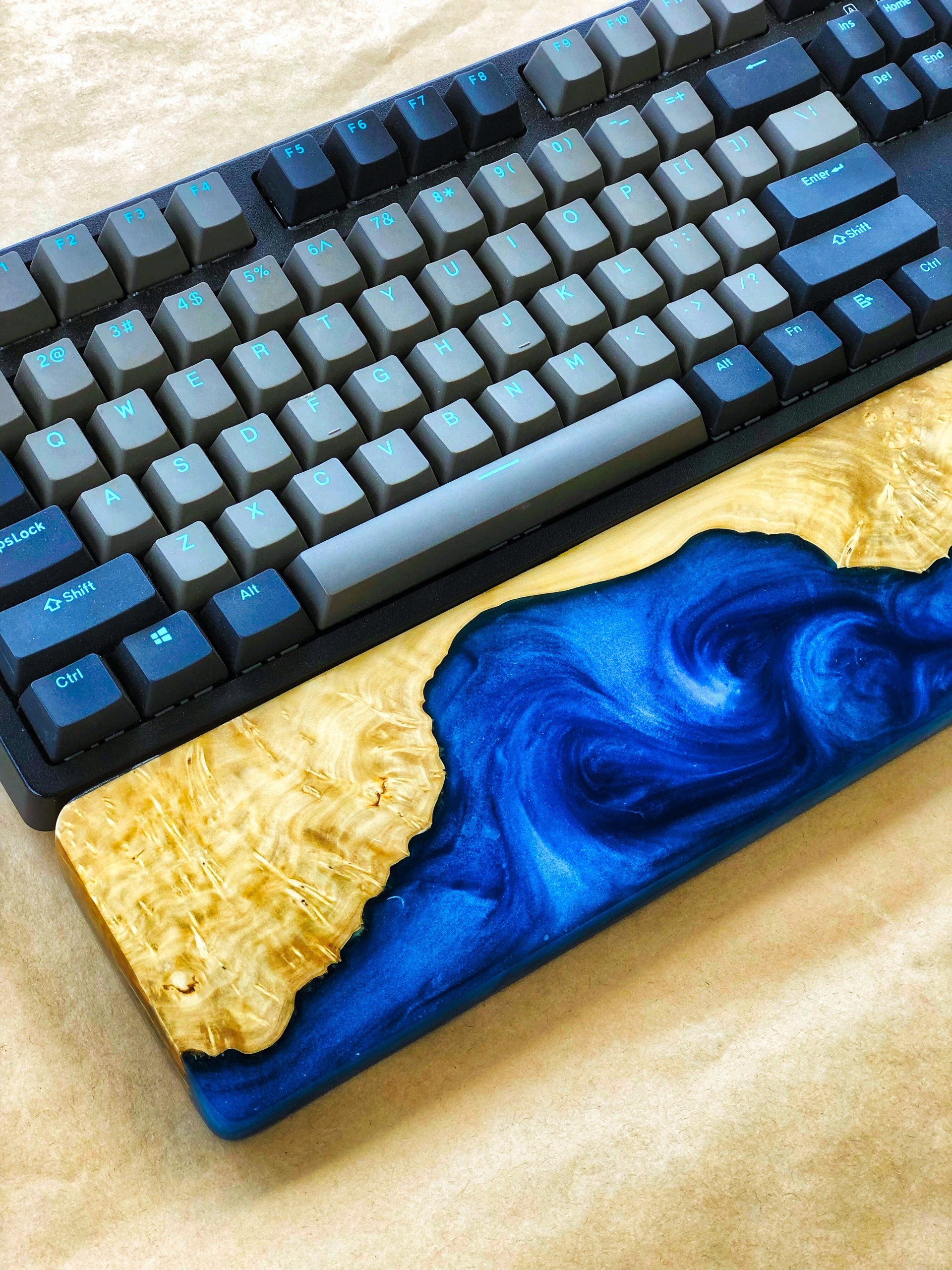 Handcrafted Wooden & Ocean Blue Epoxy Wrist Rest – Natural Burl Wood Design