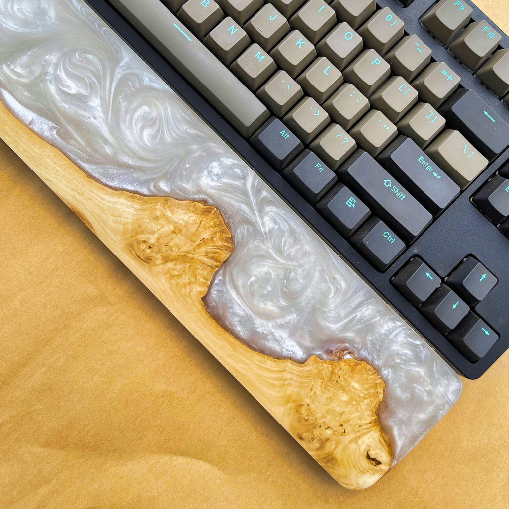 Handcrafted Wooden & Pearl Epoxy Wrist Rest – Natural Burl and White Resin Design