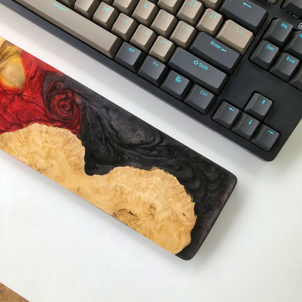 Handcrafted Wooden & Epoxy Resin Wrist Rest – Red Lava & Natural Burl Design