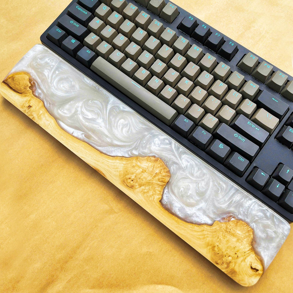 Handcrafted Wooden & Pearl Epoxy Wrist Rest – Natural Burl and White Resin Design