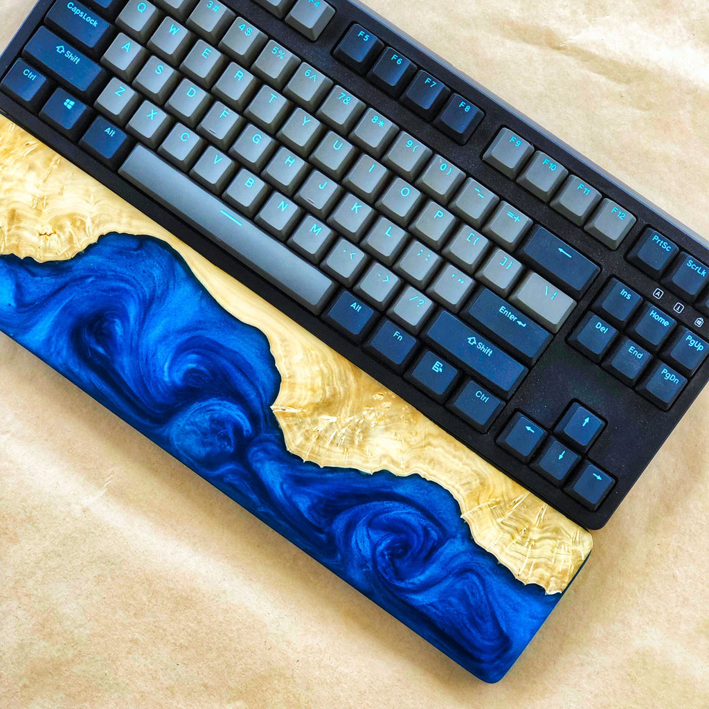 Handcrafted Wooden & Ocean Blue Epoxy Wrist Rest – Natural Burl Wood Design