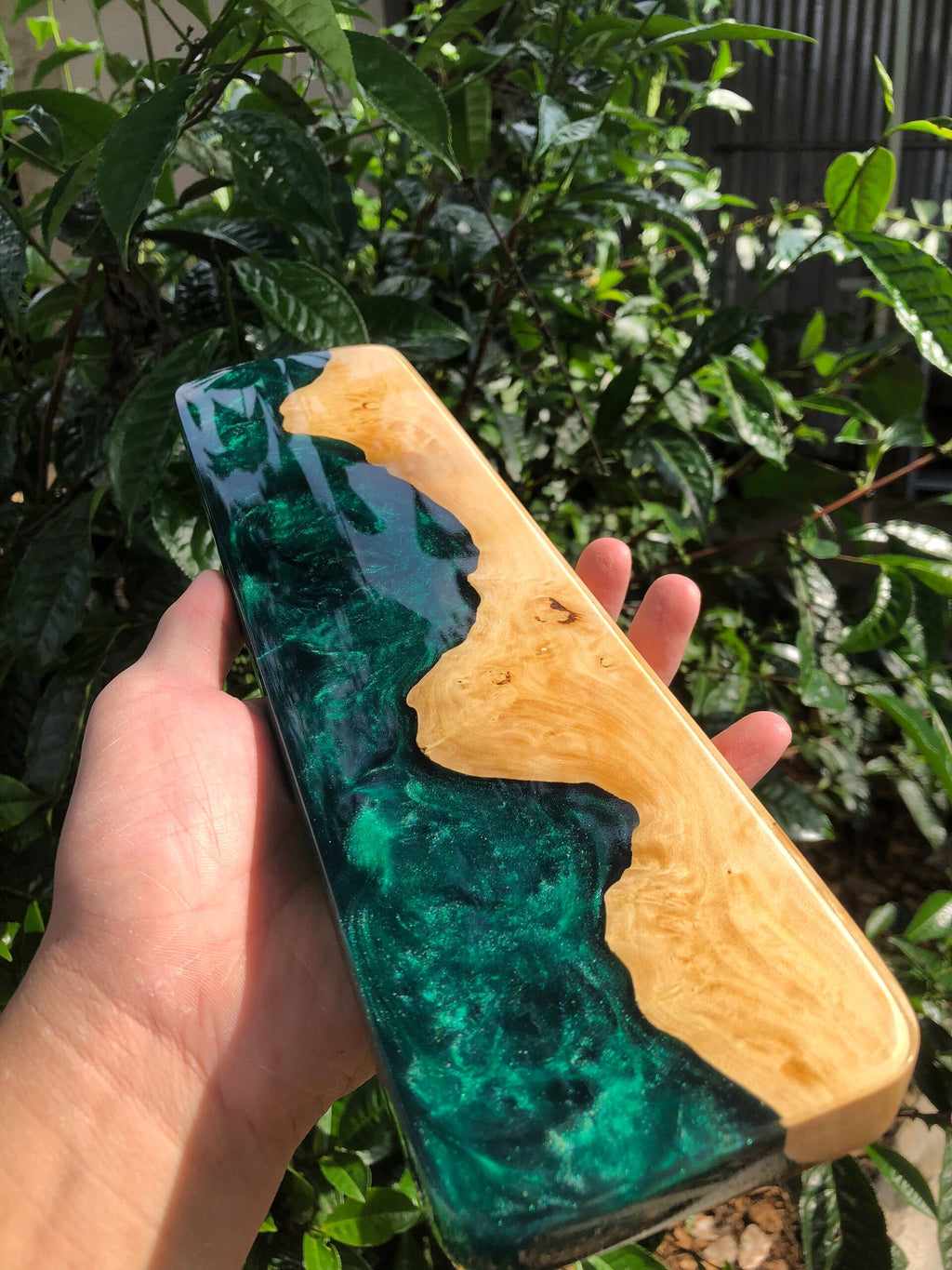 Handcrafted Wooden & Emerald Green Epoxy Wrist Rest – Natural Burl Wood Design