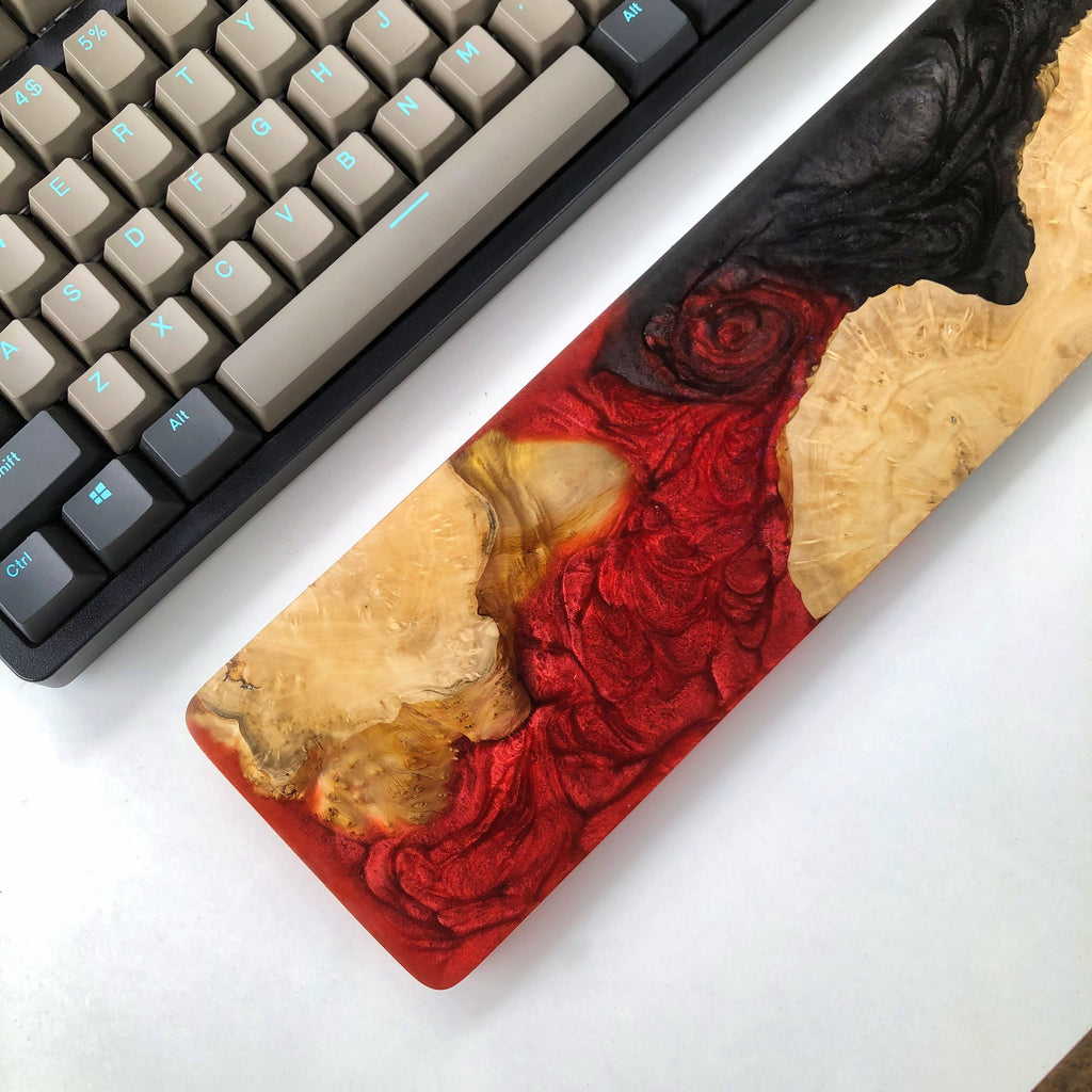 Handcrafted Wooden & Epoxy Resin Wrist Rest – Red Lava & Natural Burl Design