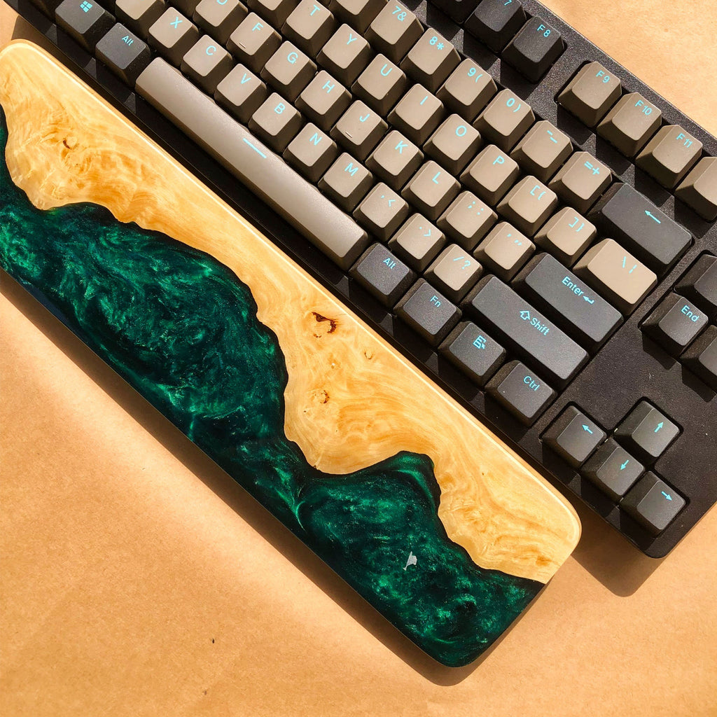 Handcrafted Wooden & Emerald Green Epoxy Wrist Rest – Natural Burl Wood Design