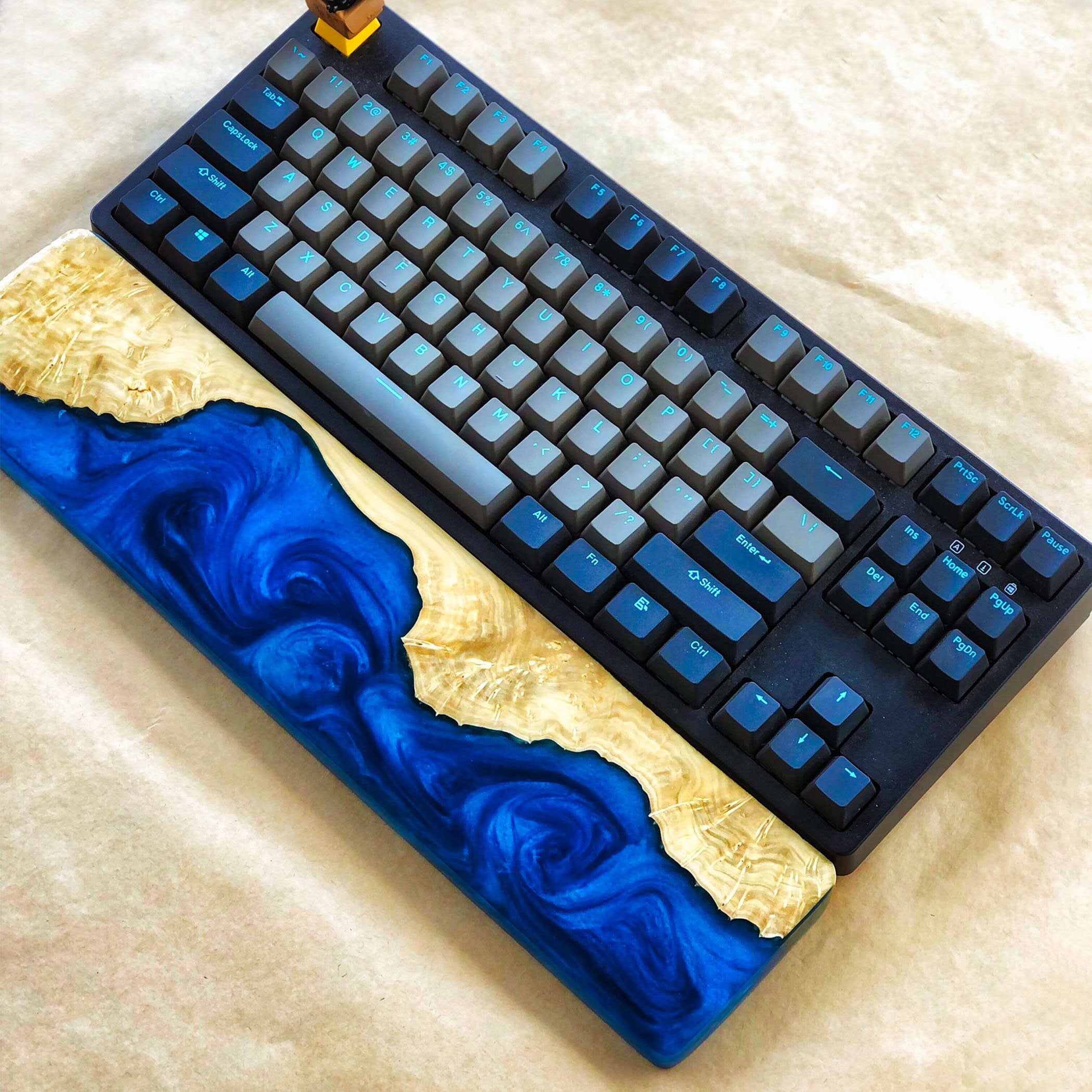 Handcrafted Wooden & Ocean Blue Epoxy Wrist Rest – Natural Burl Wood Design