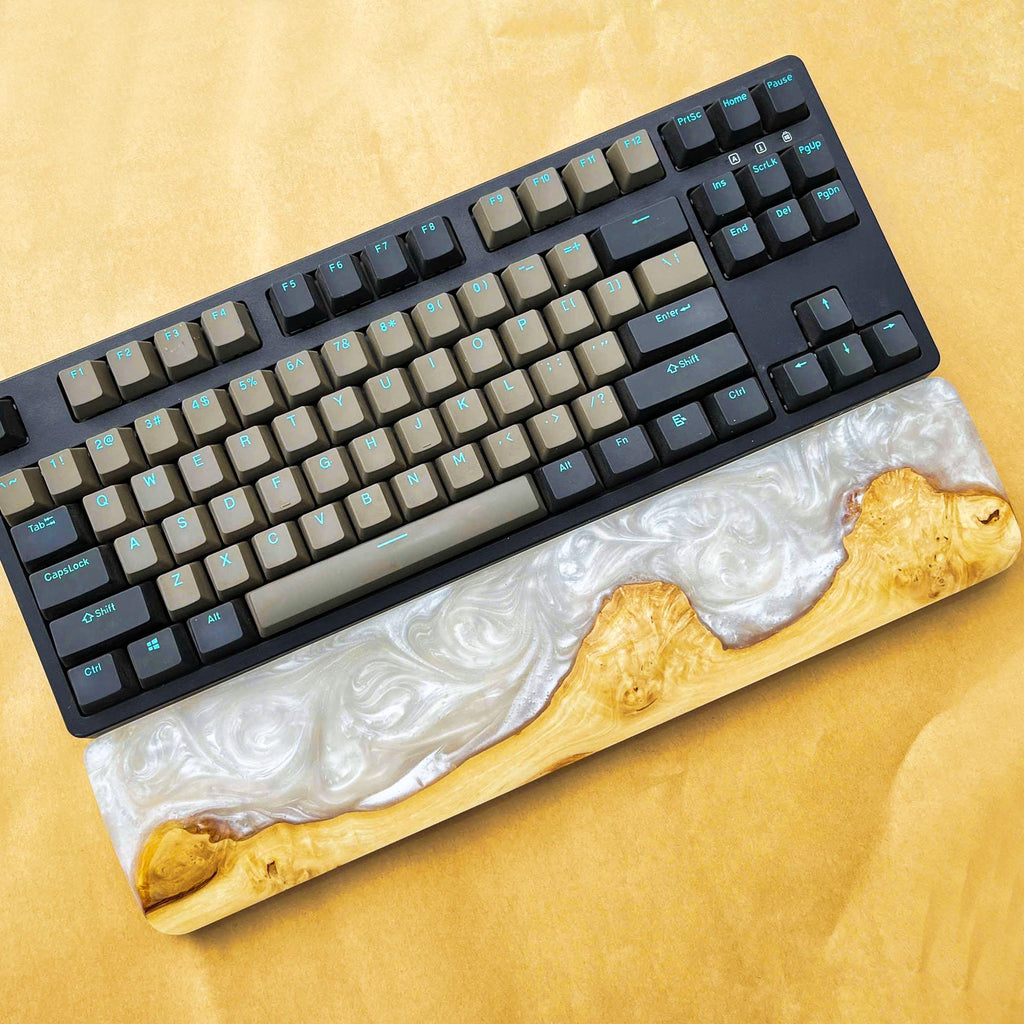 Handcrafted Wooden & Pearl Epoxy Wrist Rest – Natural Burl and White Resin Design