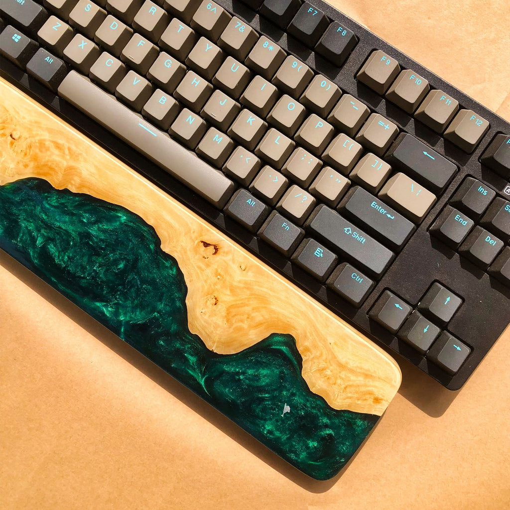 Handcrafted Wooden & Emerald Green Epoxy Wrist Rest – Natural Burl Wood Design