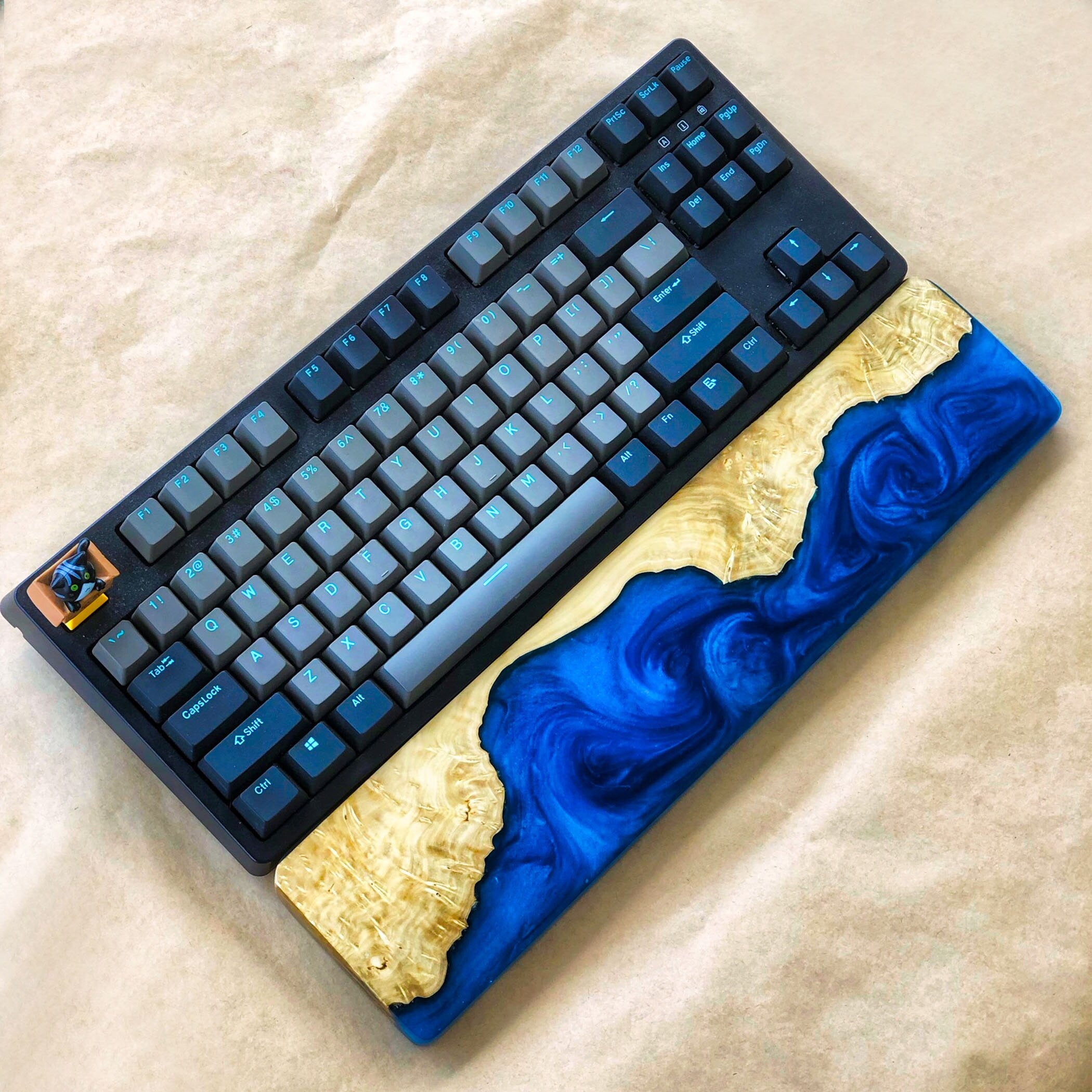 Handcrafted Wooden & Ocean Blue Epoxy Wrist Rest – Natural Burl Wood Design