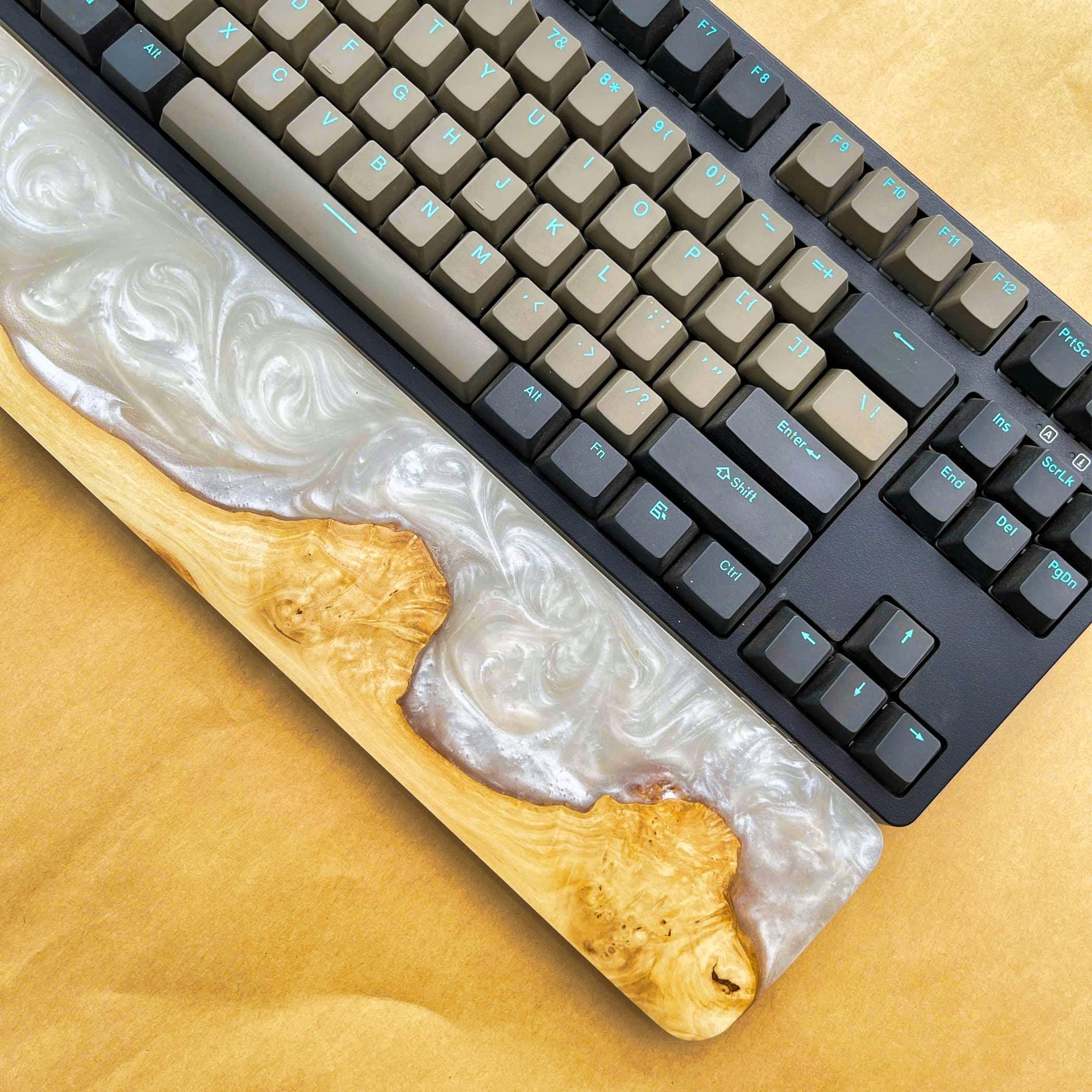 Handcrafted Wooden & Pearl Epoxy Wrist Rest – Natural Burl and White Resin Design