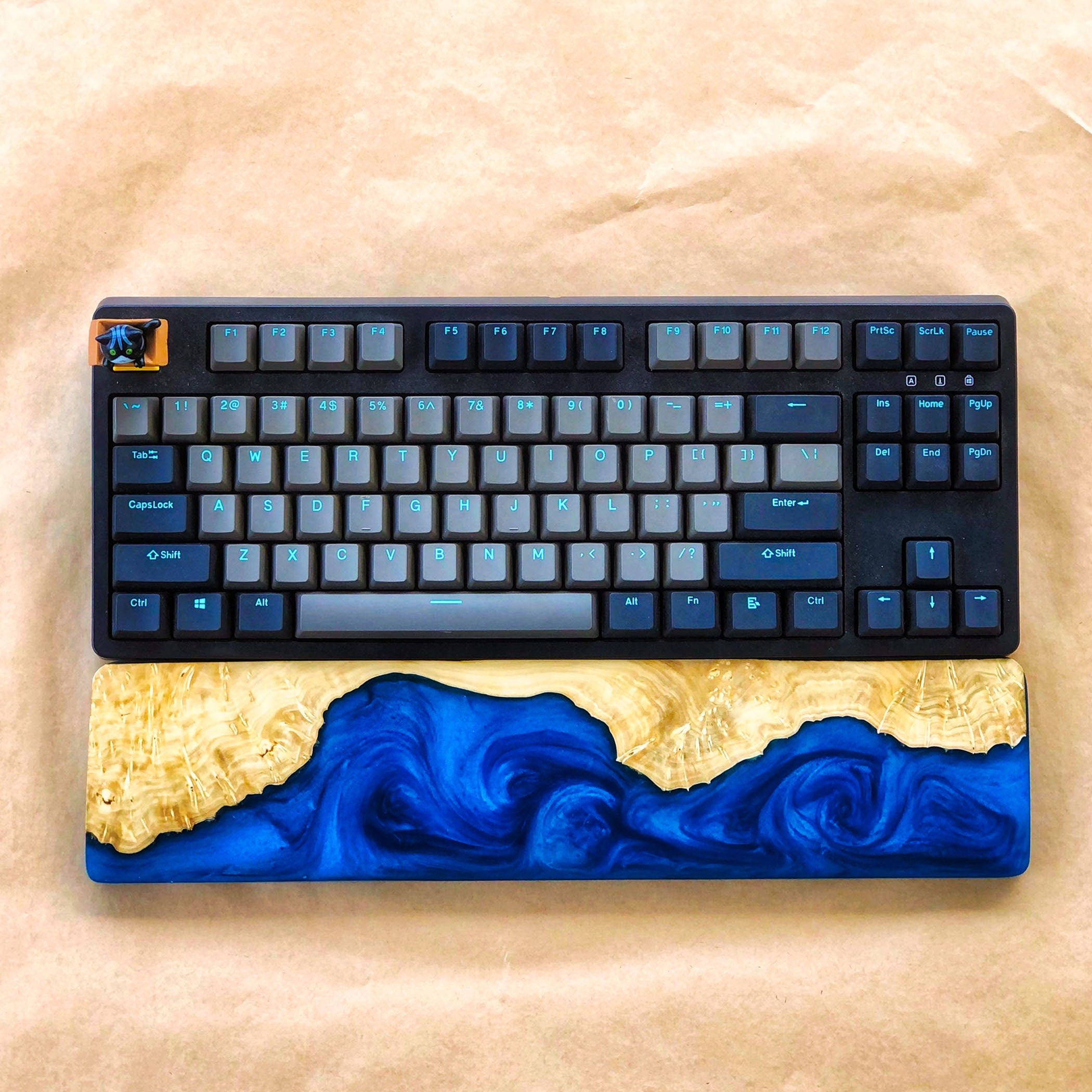 Handcrafted Wooden & Ocean Blue Epoxy Wrist Rest – Natural Burl Wood Design