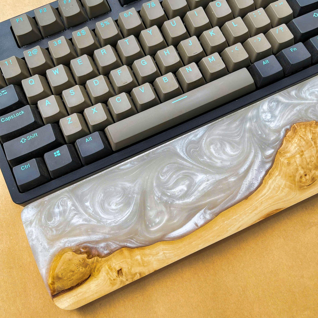 Handcrafted Wooden & Pearl Epoxy Wrist Rest – Natural Burl and White Resin Design