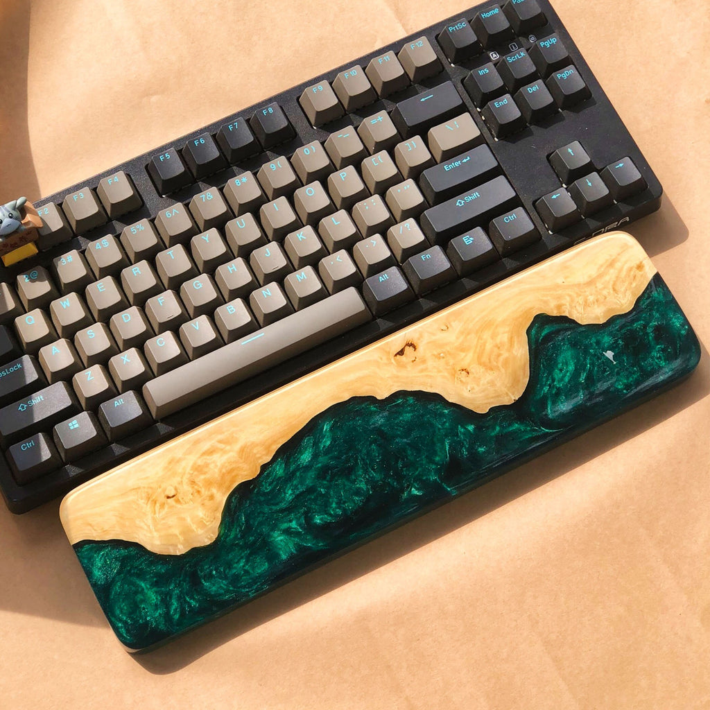 Handcrafted Wooden & Emerald Green Epoxy Wrist Rest – Natural Burl Wood Design