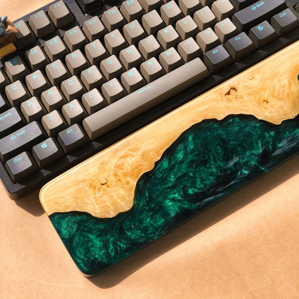 Handcrafted Wooden & Emerald Green Epoxy Wrist Rest – Natural Burl Wood Design