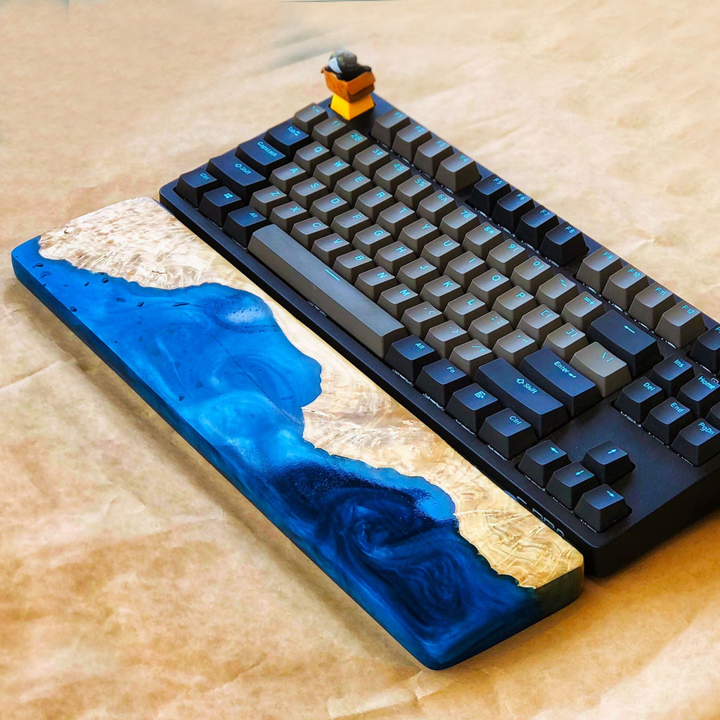 Handcrafted Wooden & Ocean Blue Epoxy Wrist Rest – Natural Burl Wood Design