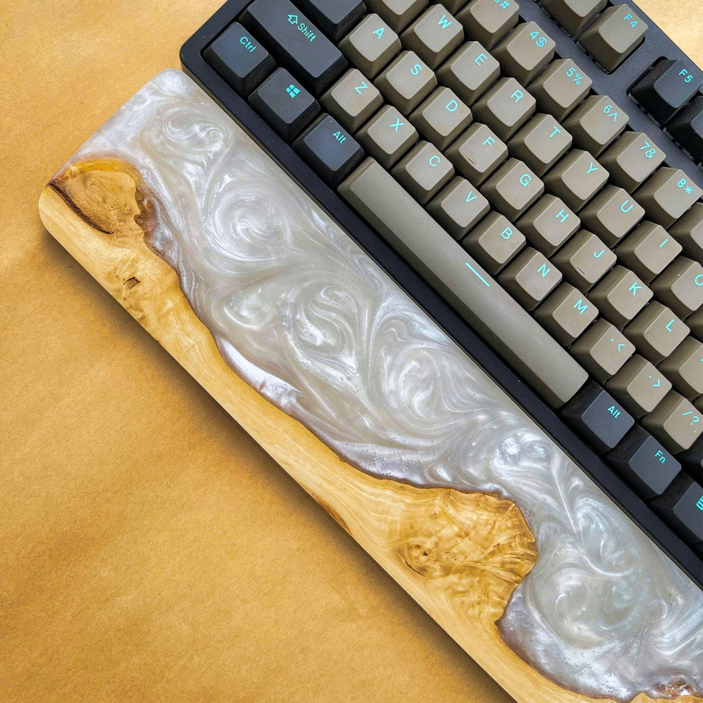 Handcrafted Wooden & Pearl Epoxy Wrist Rest – Natural Burl and White Resin Design