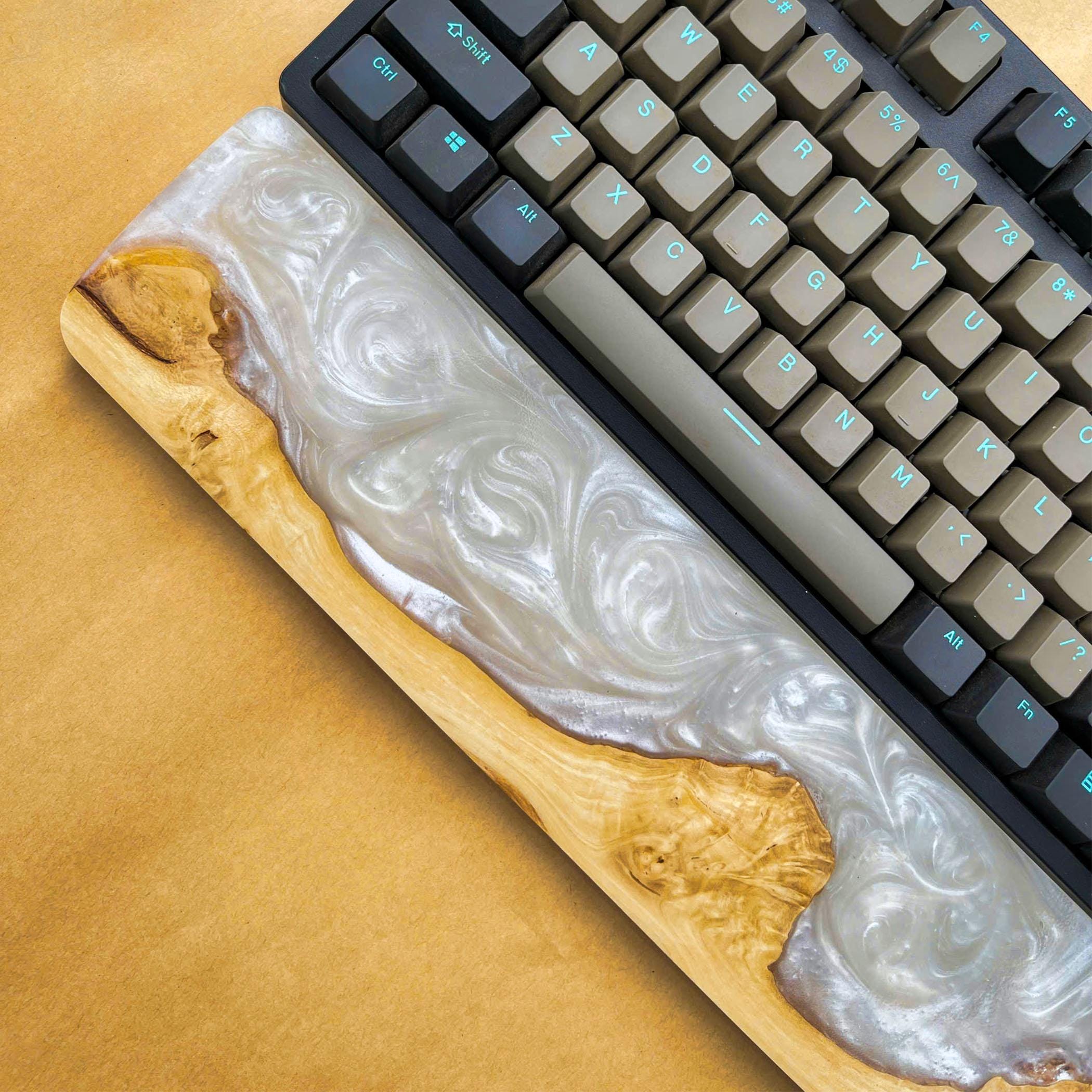 Handcrafted Wooden & Pearl Epoxy Wrist Rest – Natural Burl and White Resin Design