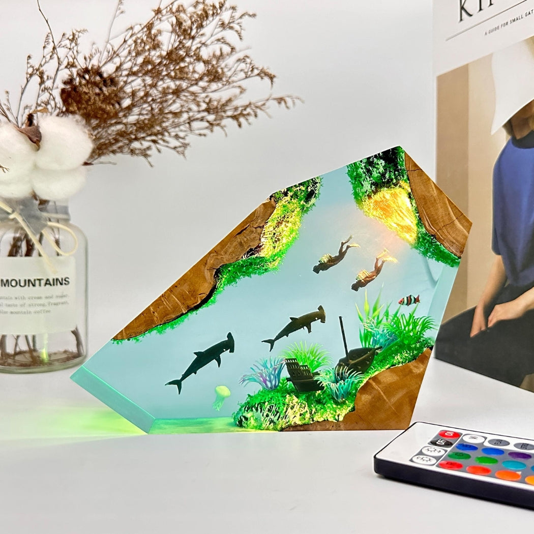 Hammerhead shark and couple divers resin lamp