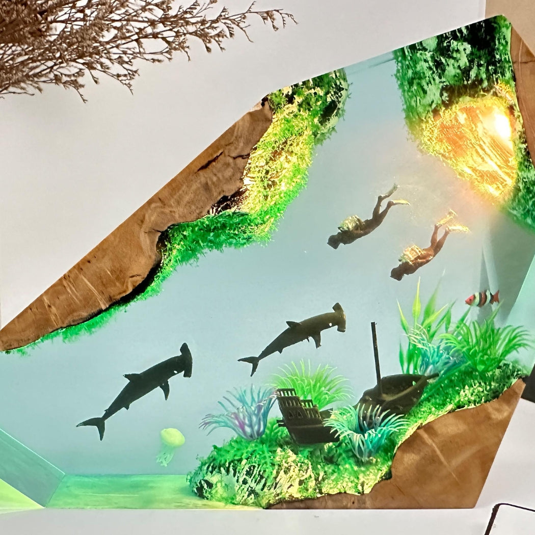 Hammerhead shark and couple divers resin lamp