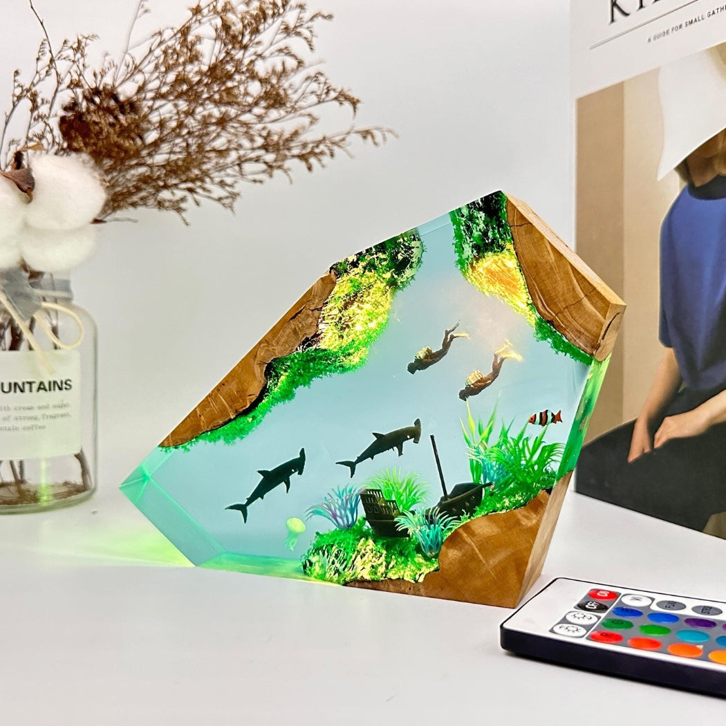 Hammerhead shark and couple divers resin lamp