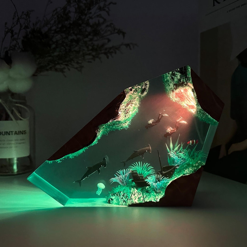 Hammerhead shark and couple divers resin lamp