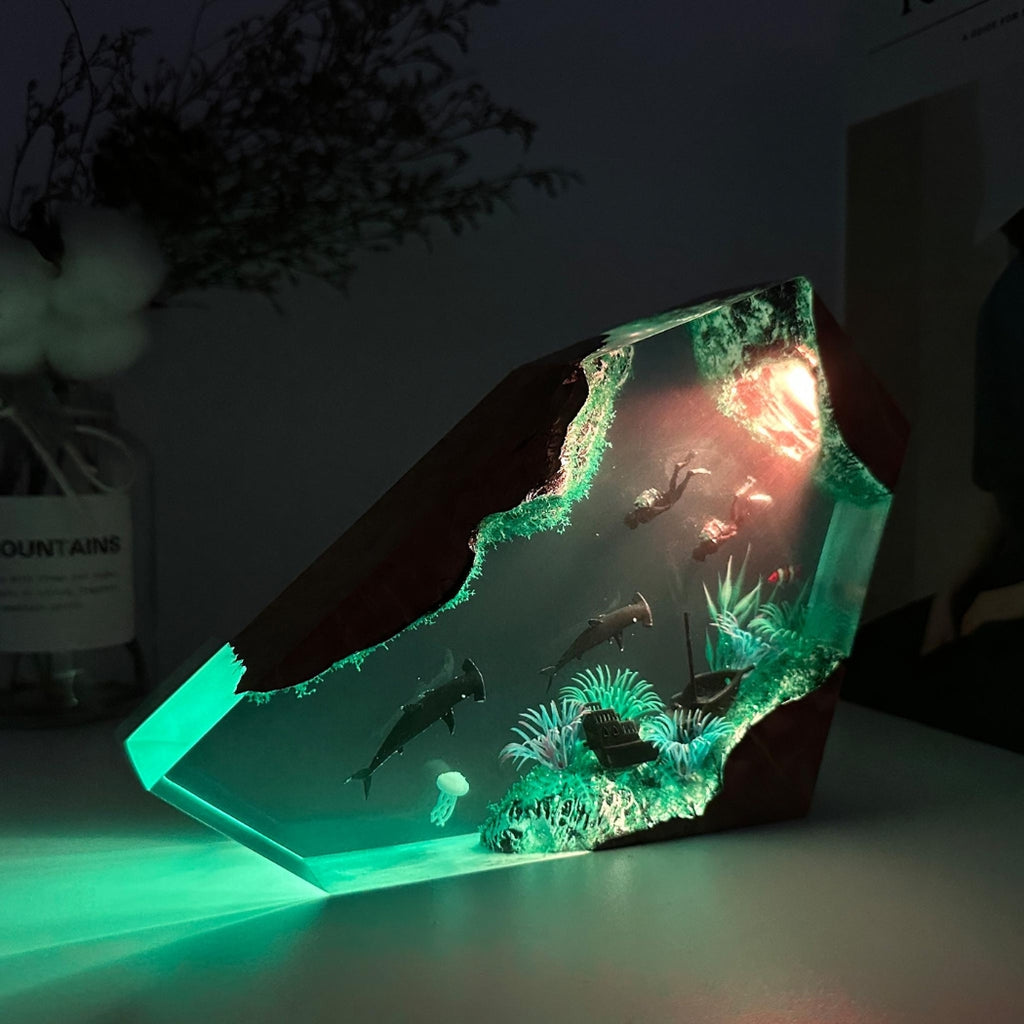 Hammerhead shark and couple divers resin lamp