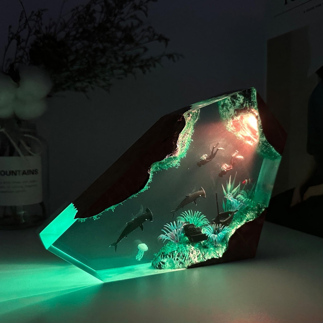 Hammerhead shark and couple divers resin lamp