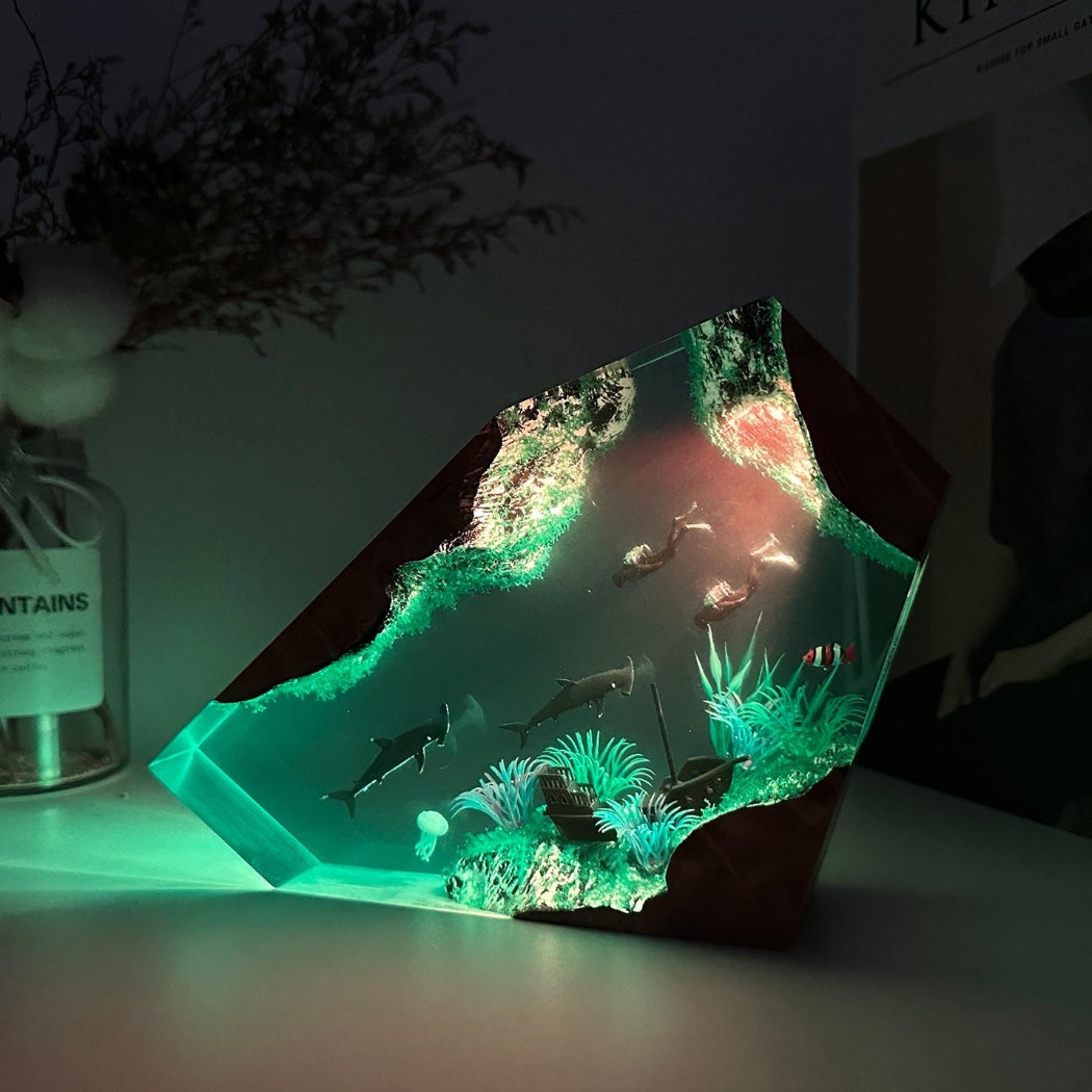 Hammerhead shark and couple divers resin lamp