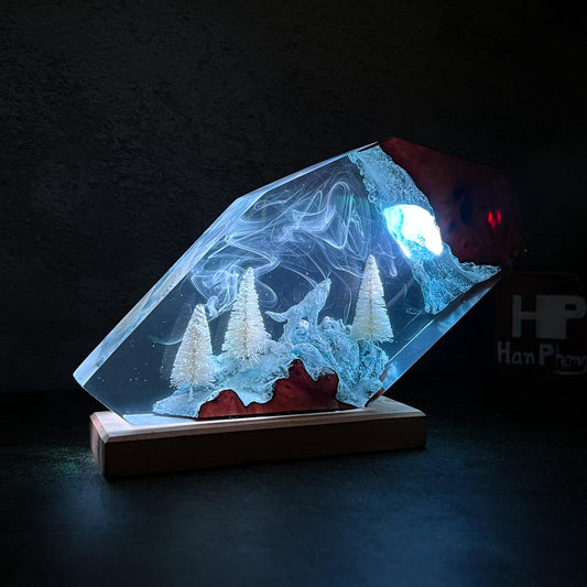 Handmade Winter Wolf Resin Epoxy Lamp