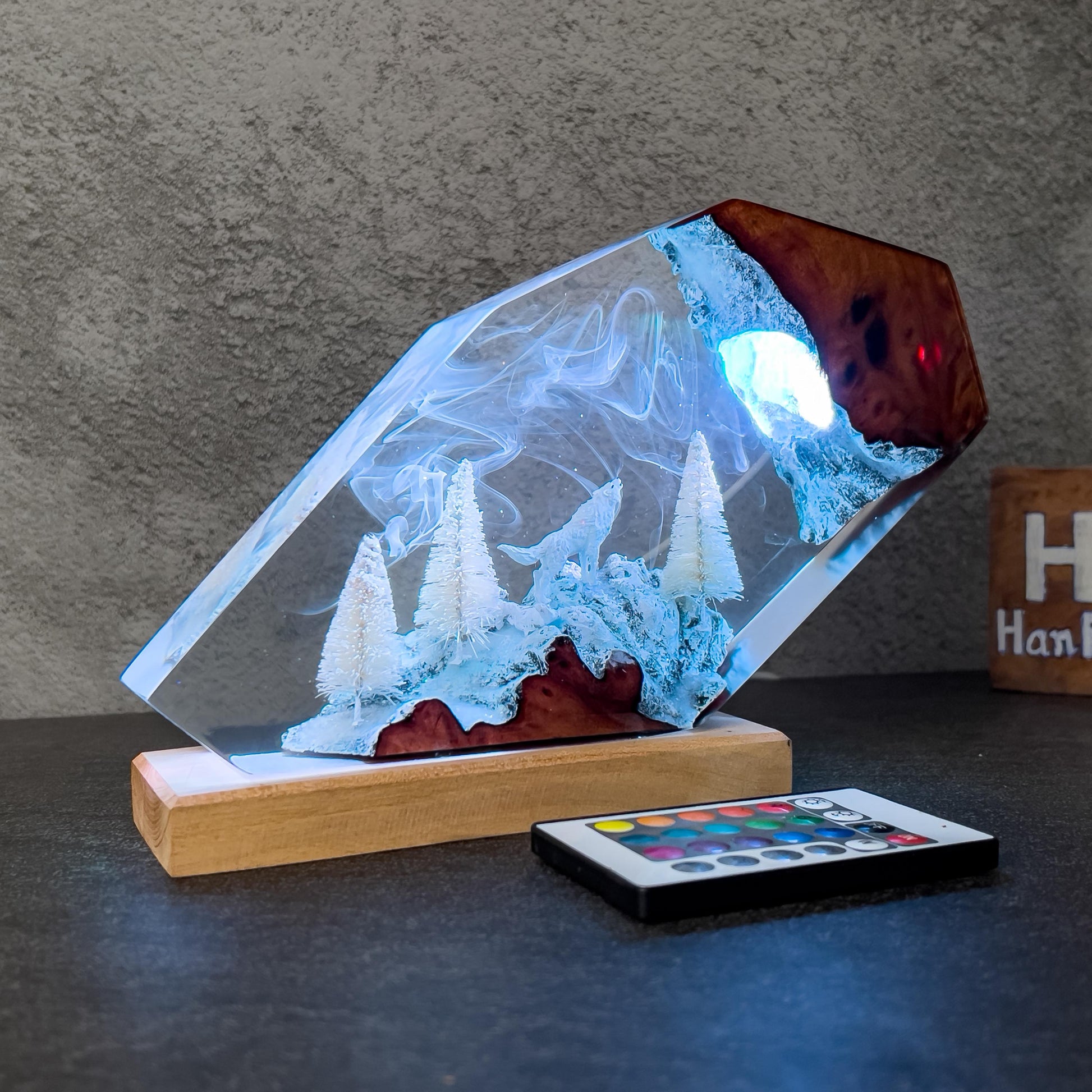 Handmade Winter Wolf Resin Epoxy Lamp