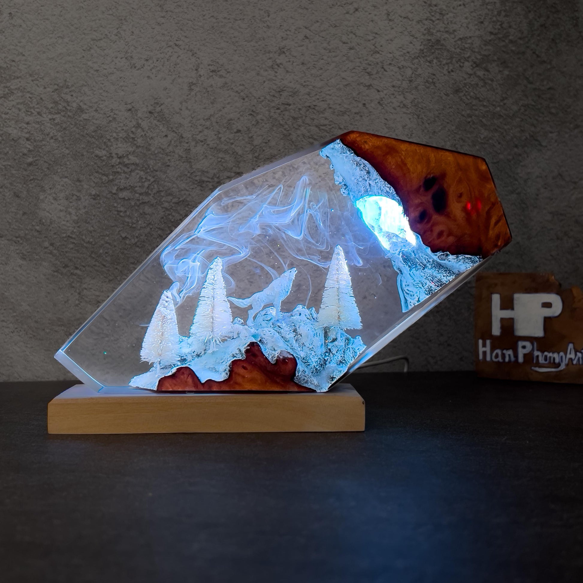 Handmade Winter Wolf Resin Epoxy Lamp